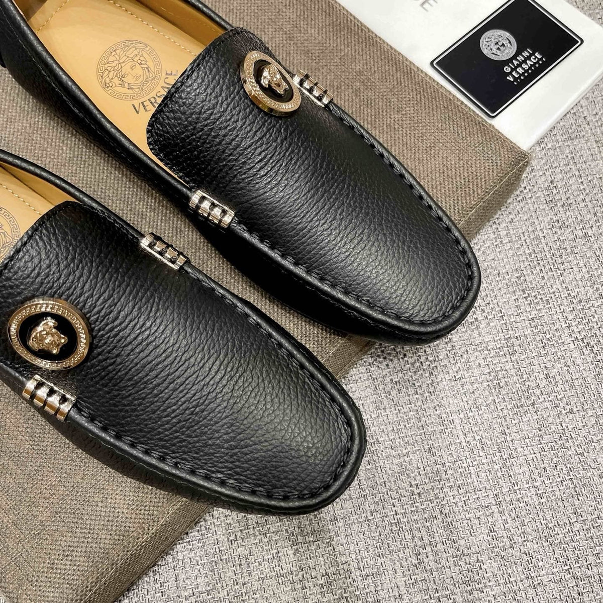 Versace Black Textured Slip-On Loafers