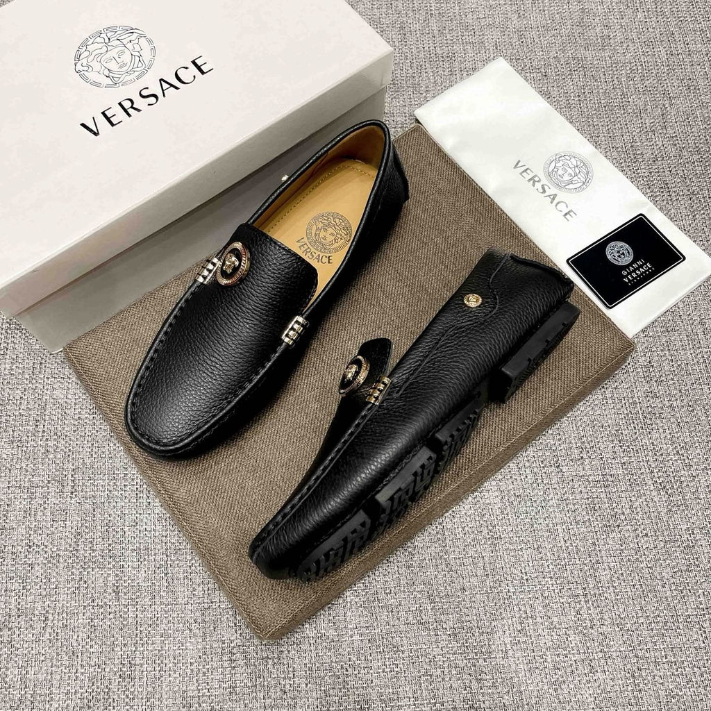 Versace Black Textured Slip-On Loafers