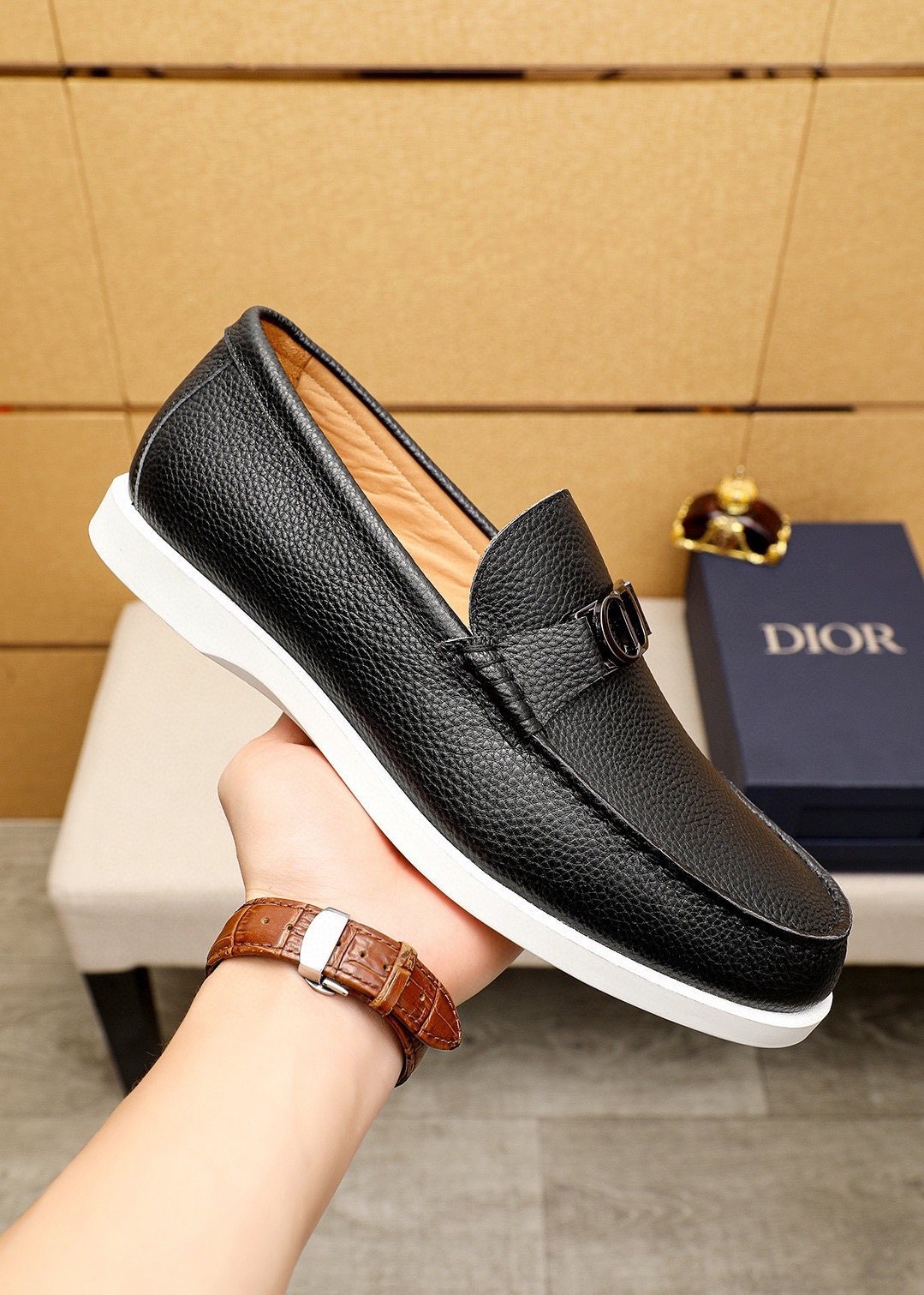 Dior Pebbled Leather Buckle Loafers