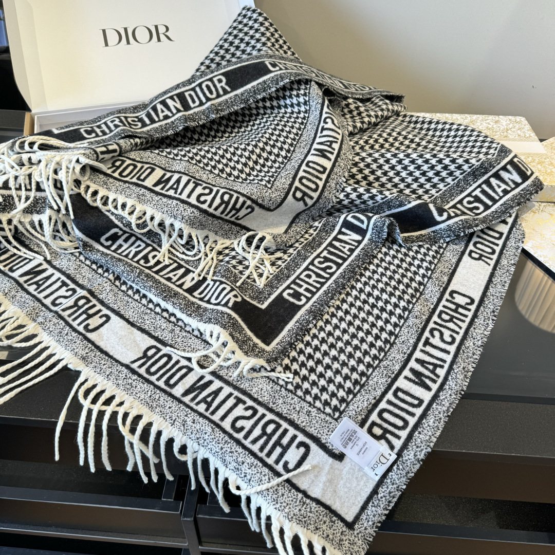 Dior Houndstooth Fringed Square Scarf & Shawl
