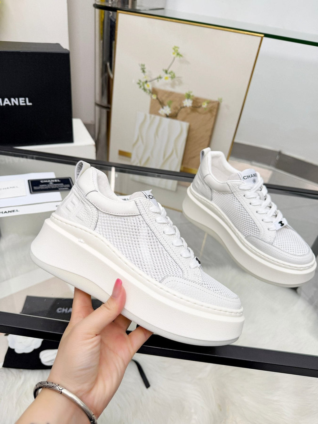 CHANEL Women's White Platform Low-Top Sneakers