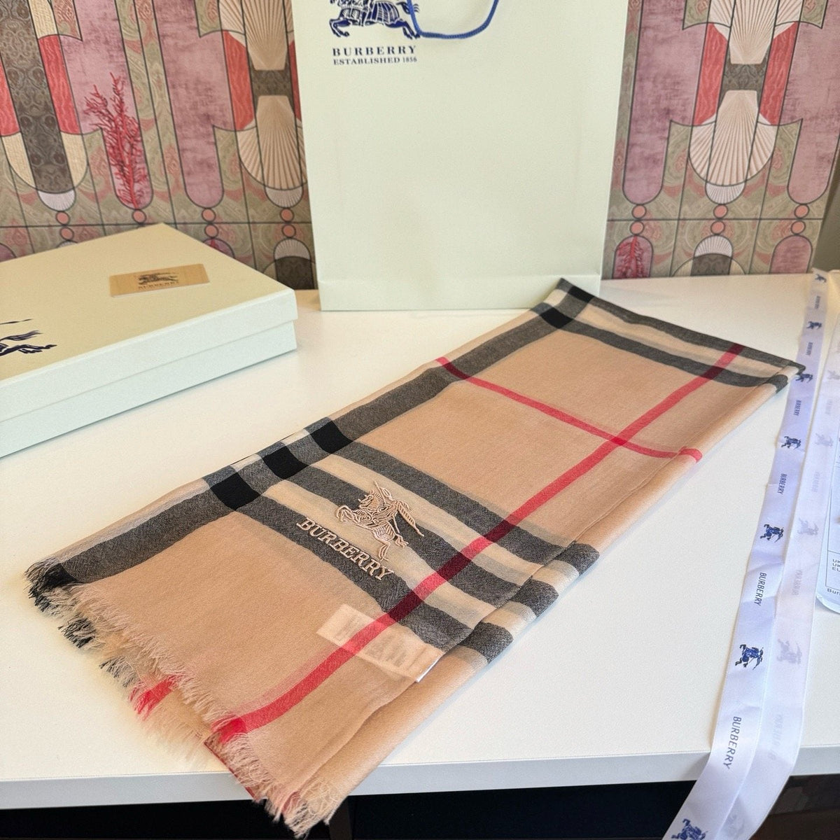 Burberry Beige Plaid Cashmere Scarf
