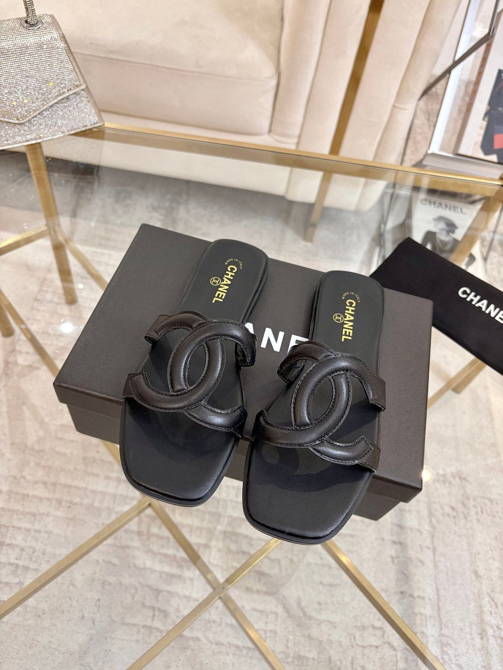 Chanel Embossed Logo Slide Sandals