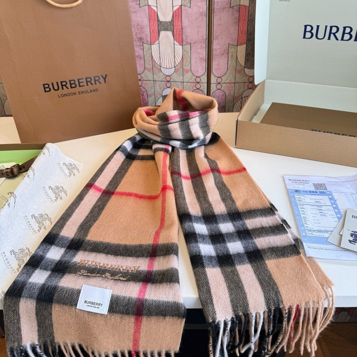 Burberry Blush Pink Plaid Fringed Scarf
