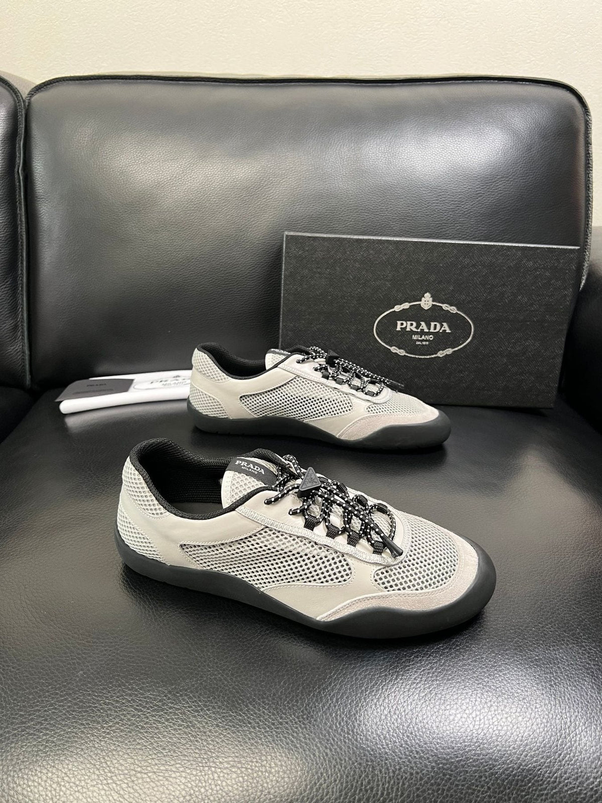 Prada Men's Off-White Perforated Sneakers