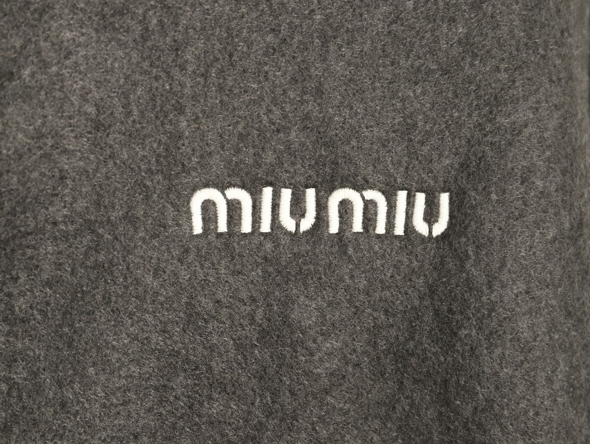 Miu Miu Logo-Embroidered Trim Fleece Hooded Jacket - Charcoal
