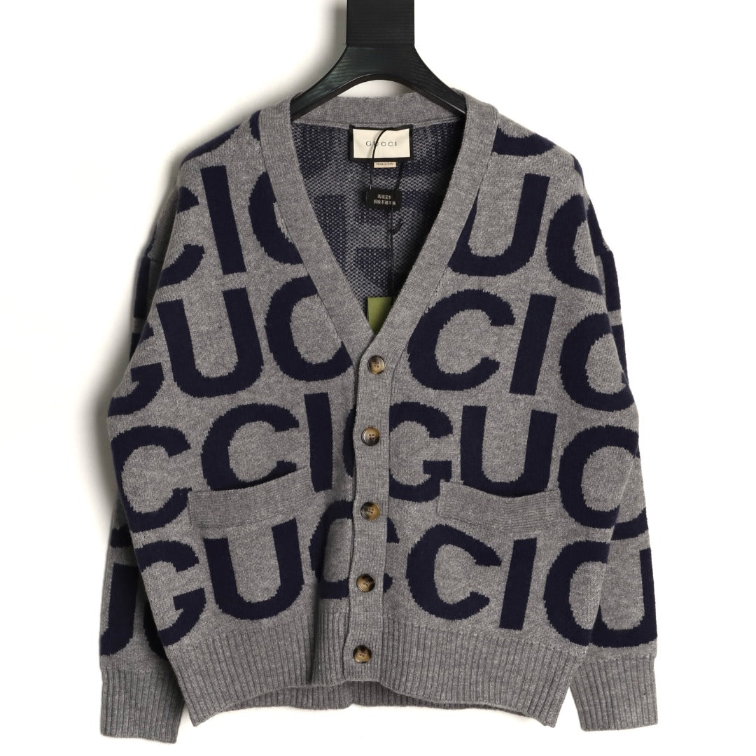 Gucci 24SS Gray Allover Letter Intarsia Cardigan