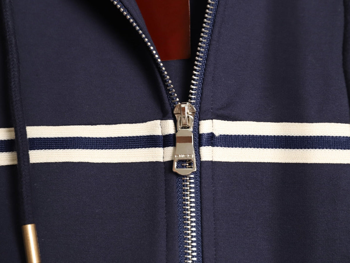 Gucci Chest-Logo Contrast-Stripe Hooded Zip Jacket - Navy