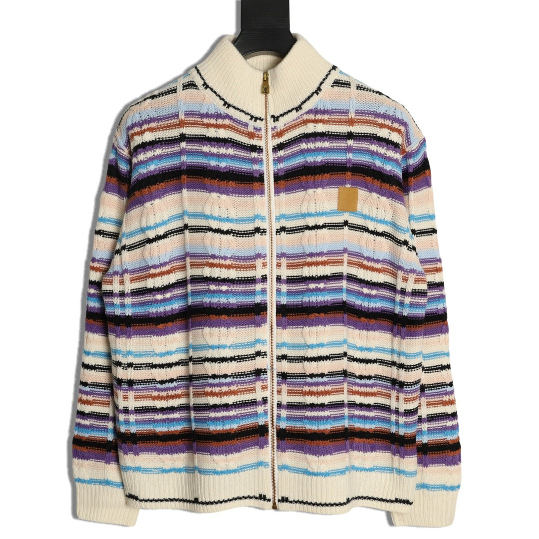 Louis Vuitton Retro Multicolor-Stripe Stand-Collar Zip Knit Cardigan - Cream