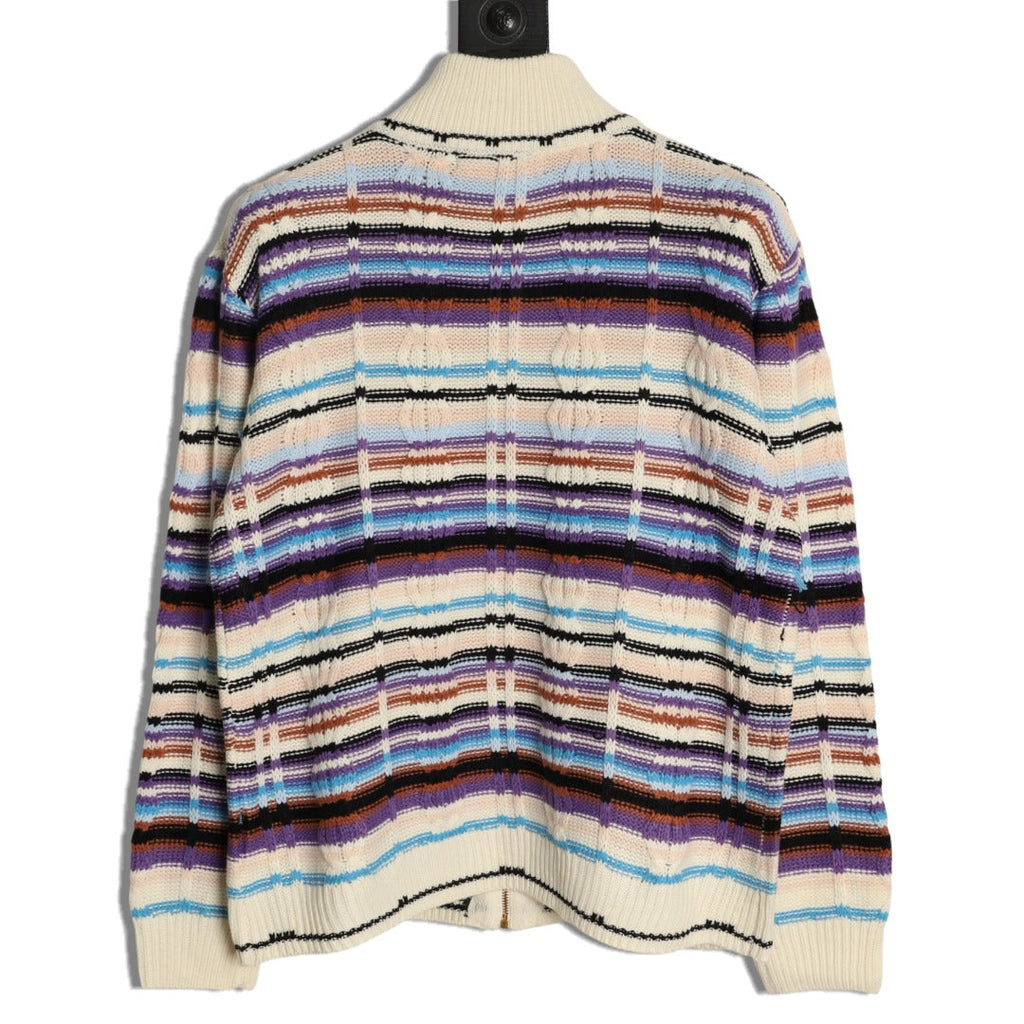 Louis Vuitton Retro Multicolor-Stripe Stand-Collar Zip Knit Cardigan - Cream
